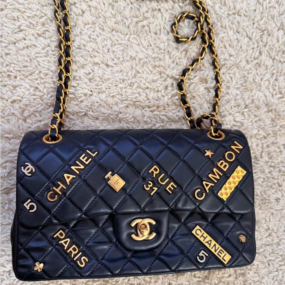 Black Quilted Shoulder Bag with Gold Accents